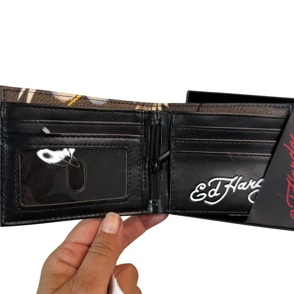 Ed‎ Hardy Black Bifold Wallet Valet Tray Tattoo Eagle Skull Y2K Set NWT